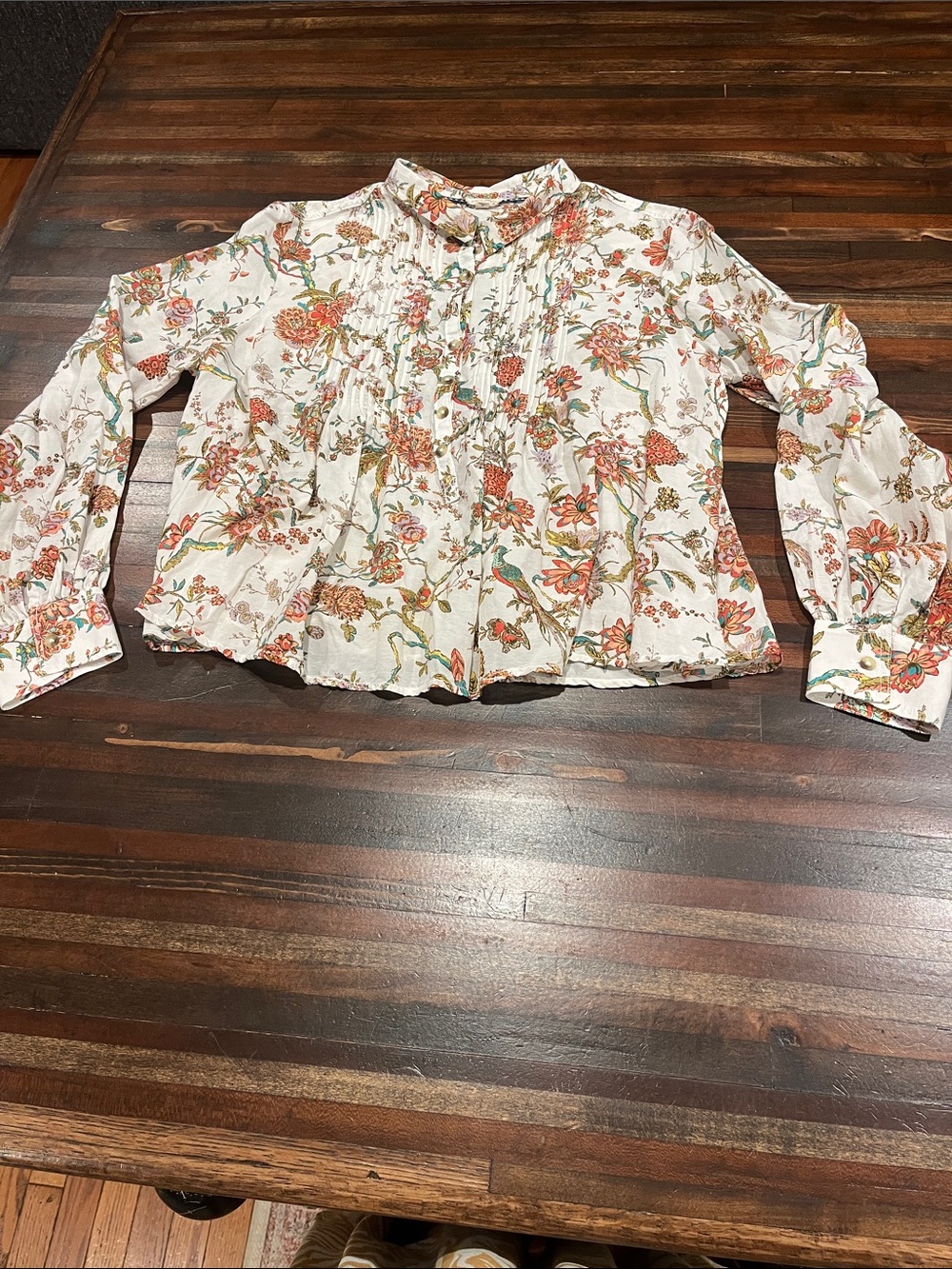 Anthropologie Pilcro White Blouse with Coral and Green Floral Print large